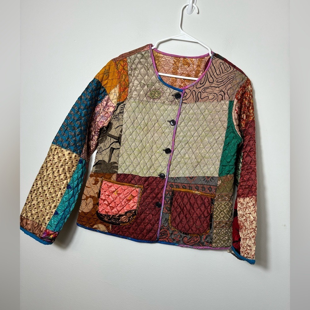 Patchwork Button Front Jacket Cotton Colorful Sz M Hippie Boho